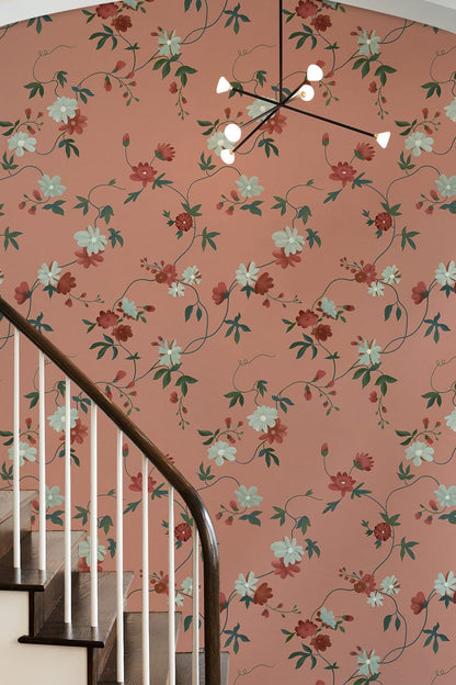 Vintage Pink Botanical Floral Mural Wallpaper in hallway
