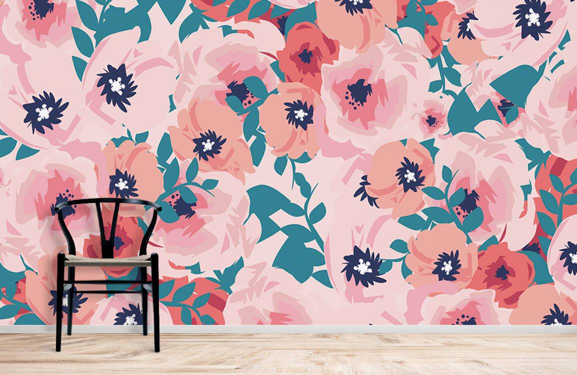 Wallpaper mural with pink flowers designed for use in decorating the powder room.