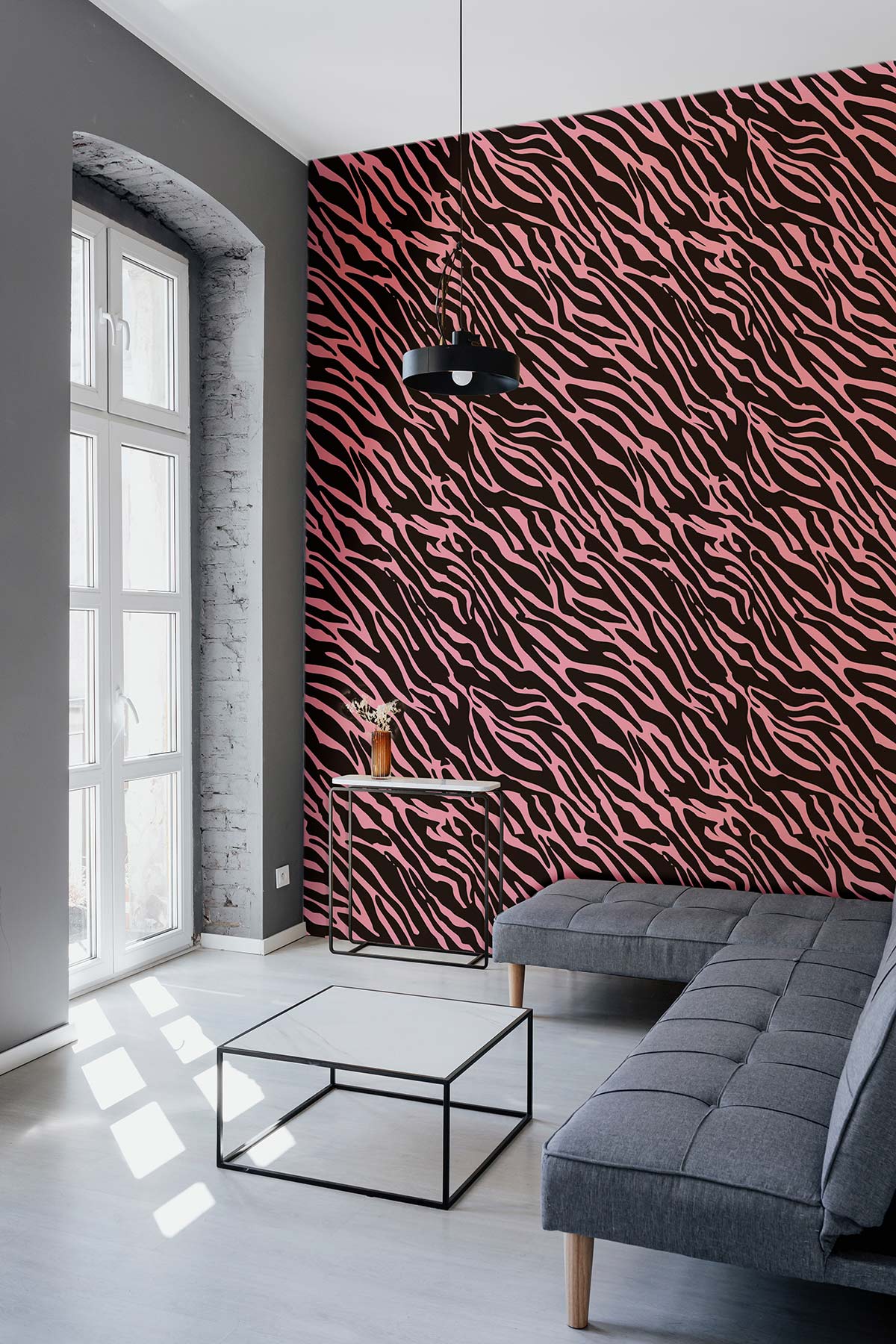 Wallpaper mural with a pink furry animal skin for use in the decoration of house hallways