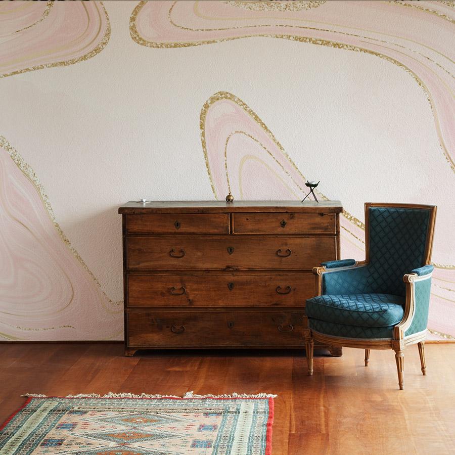 Wallpaper mural with a pink and gold marble pattern, perfect for the hallway.