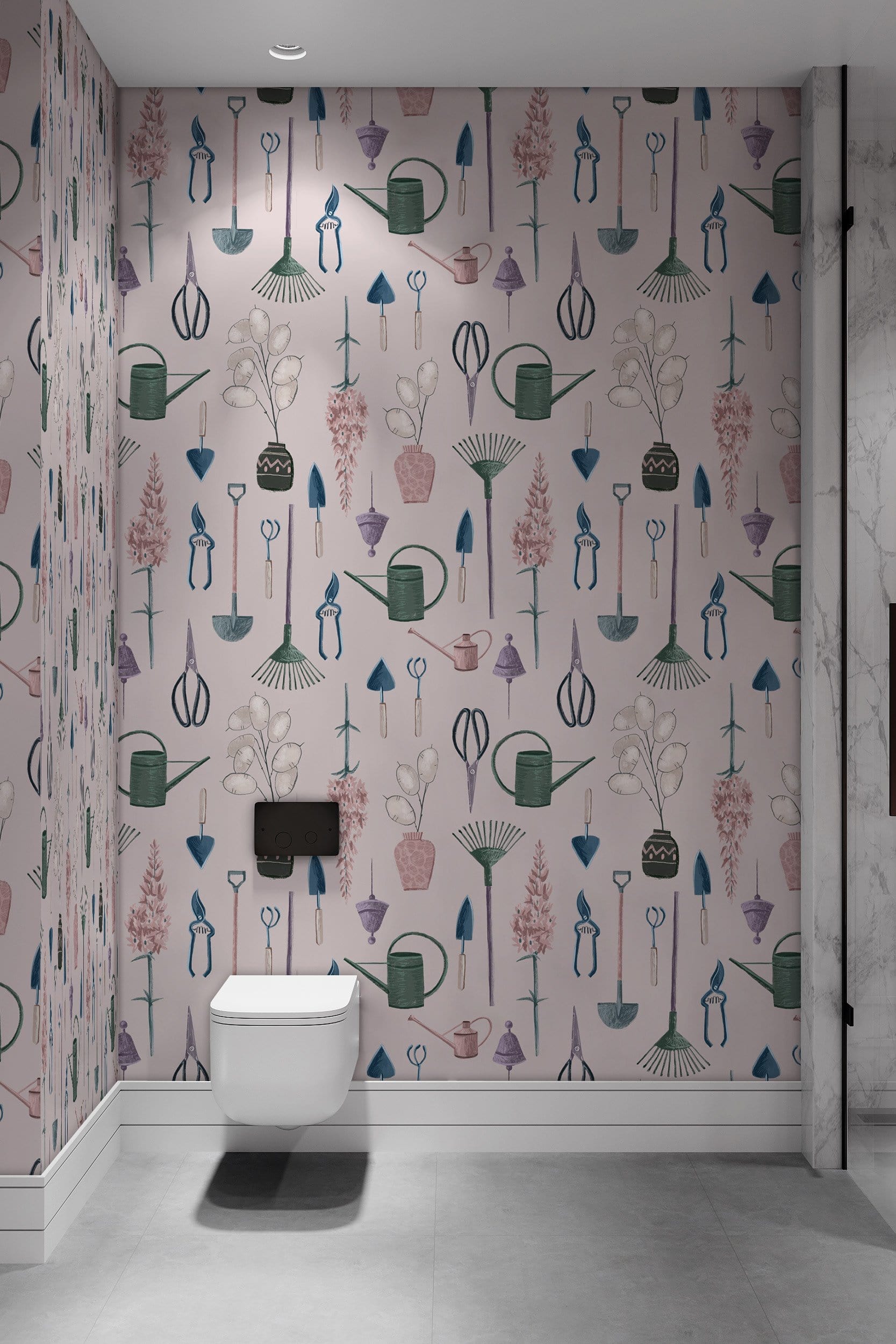 Wallpaper mural for the bathroom with a flower and tools design.