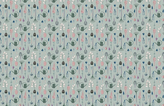 Room with a Mural of a Green Flower and Some Tools Wallpaper