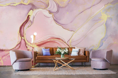 Elegant Pink Gold Abstract Mural Wallpaper in living room