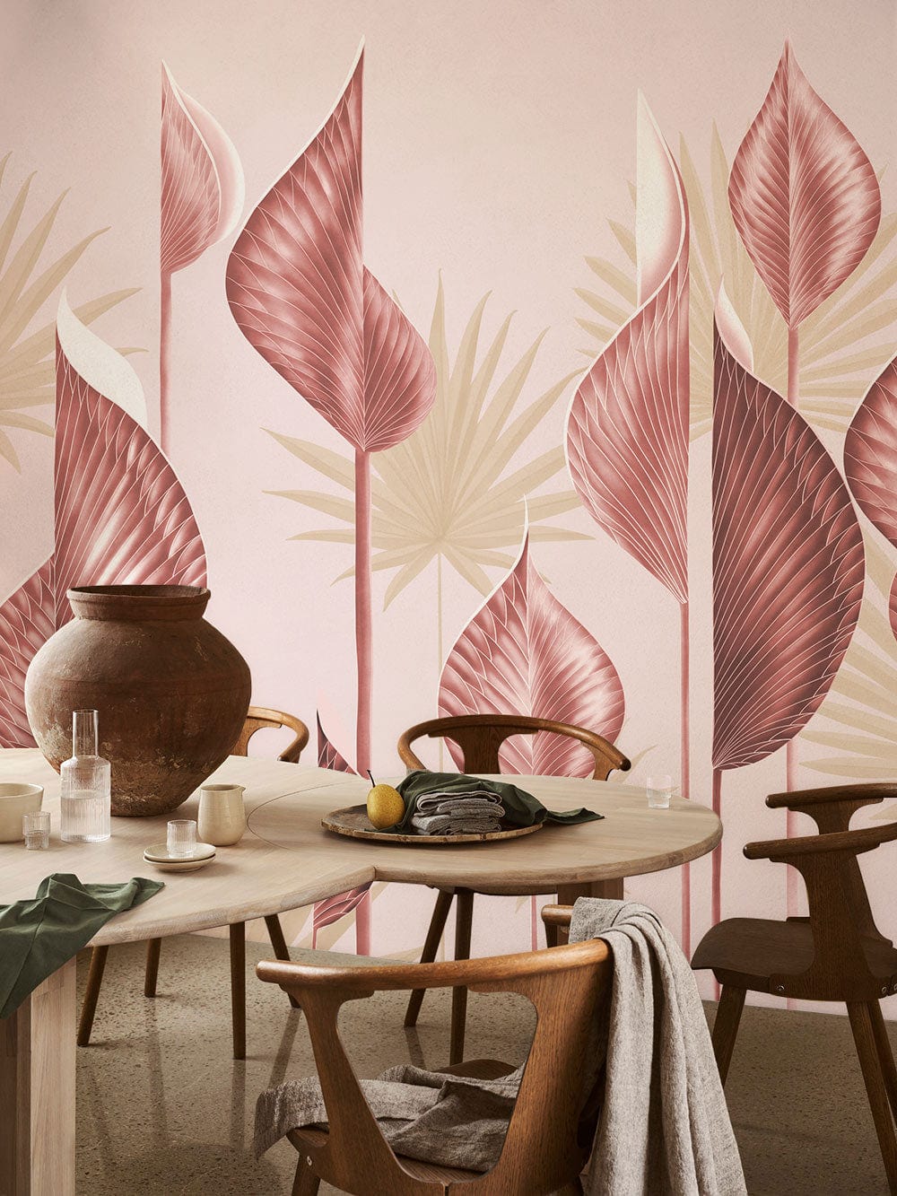 custom pink leaf wallpaper mural for dining room decor
