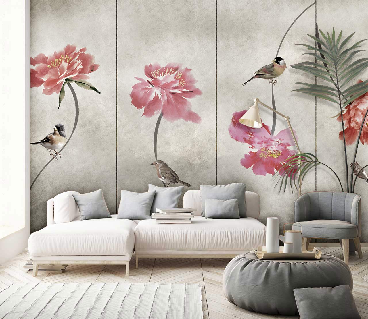 watercolor bird and flower home decor wallpaper
