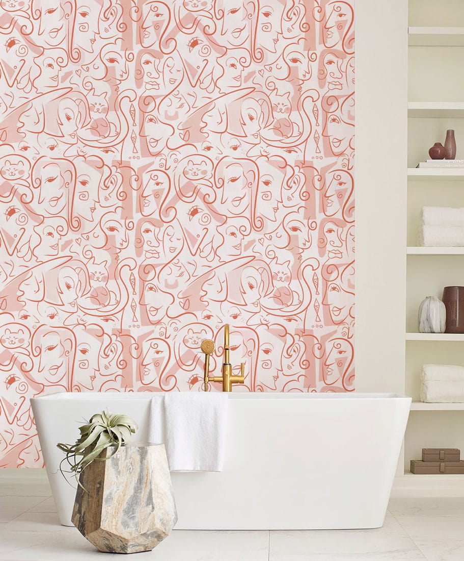 Pink Side Faces Wallpaper Mural for Use as a Decoration in the Bathroom