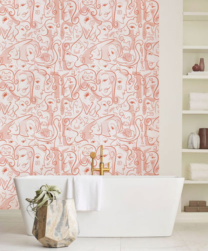 Pink Side Faces Wallpaper Mural for Use as a Decoration in the Bathroom