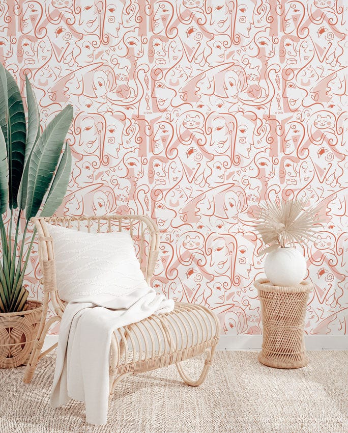 Pink Side Faces Wallpaper Mural for Use as D��cor in Hallways