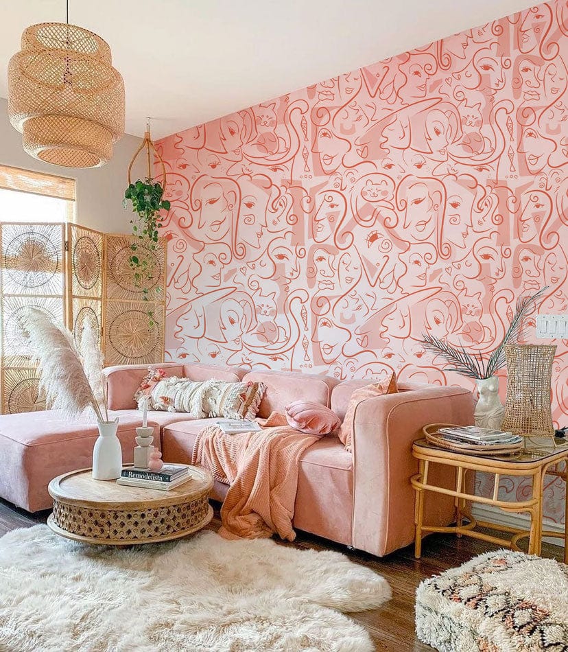 Pink Side Faces Wallpaper Mural for Use as Decoration in the Living Room