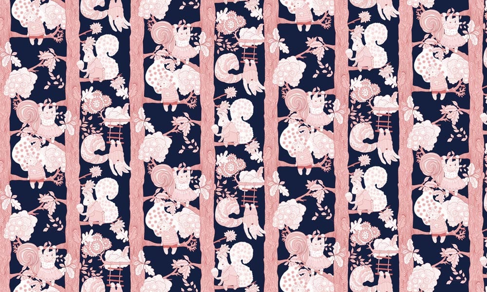 Navy Pink Whimsical Animal Mural Wallpaper