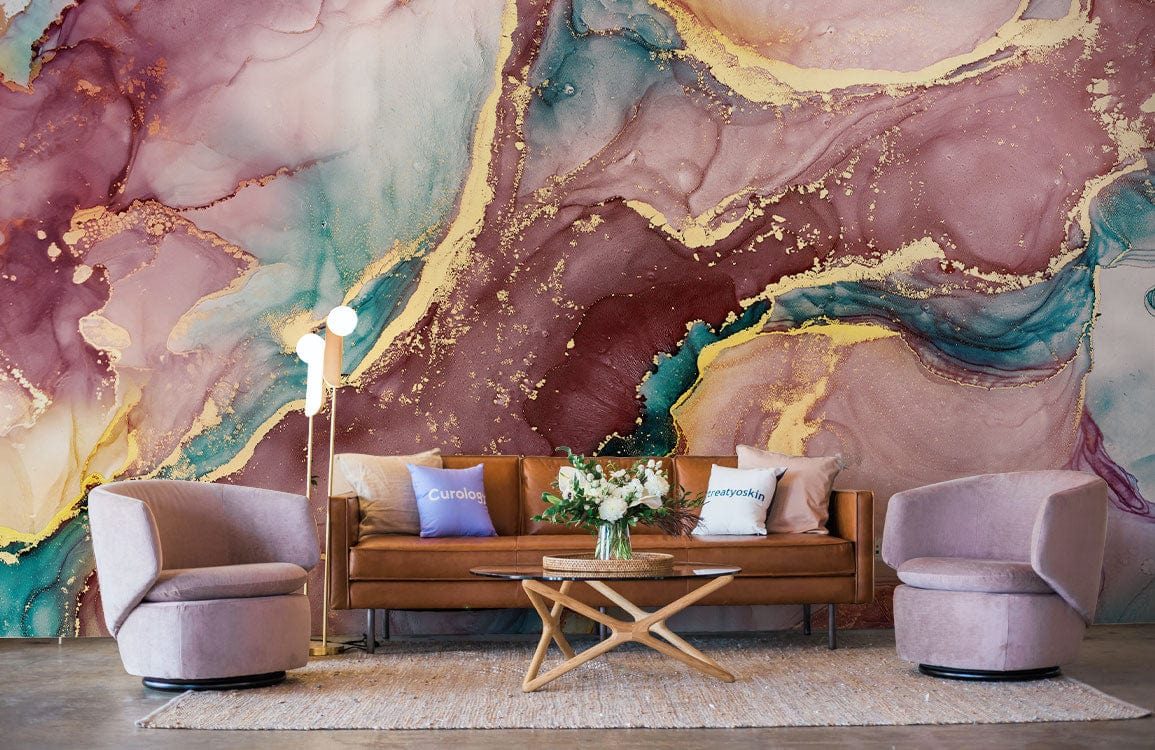 pink tidal marble wallpaper mural living room interior decor