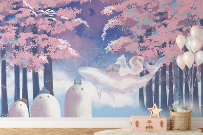 Whimsical Cherry Blossom Fantasy Mural Wallpaper in children's room