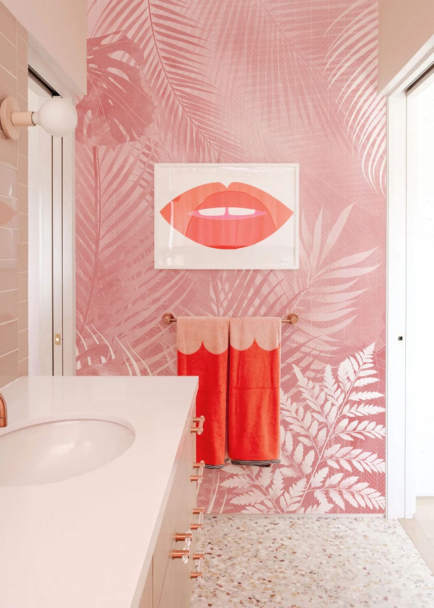 pink tropical leaves wall mural bathroom decor idea