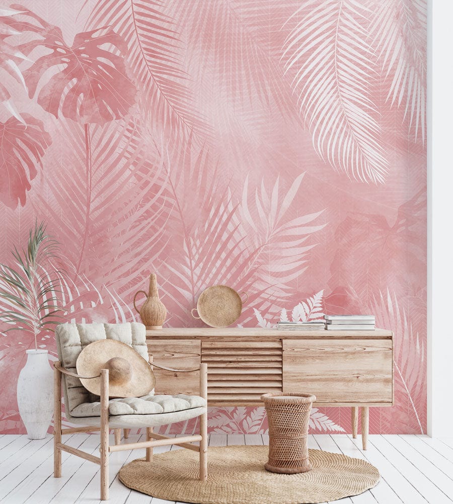 pink tropical leaves wall mural living room design