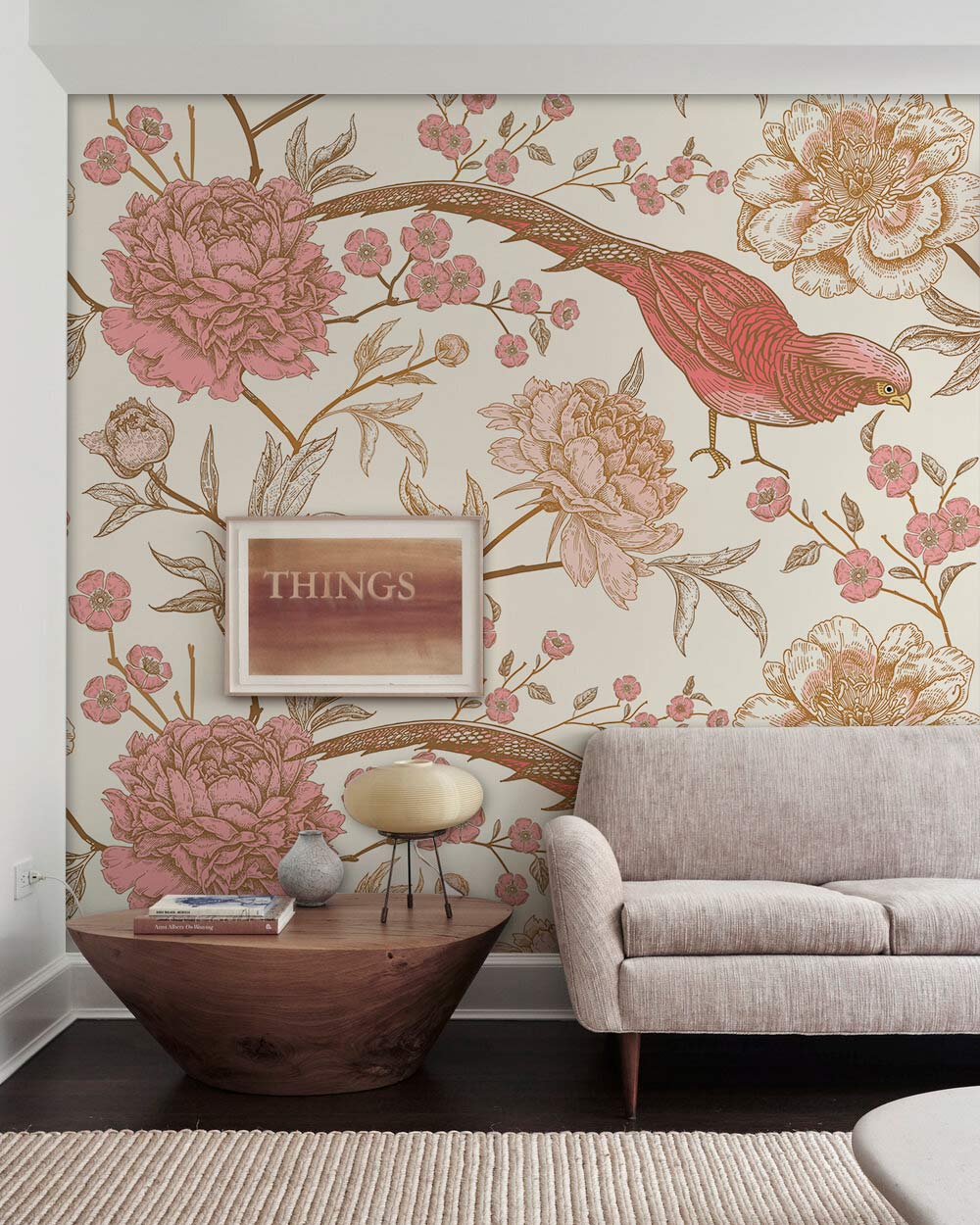 Elegant pink animal wallpaper in the living room