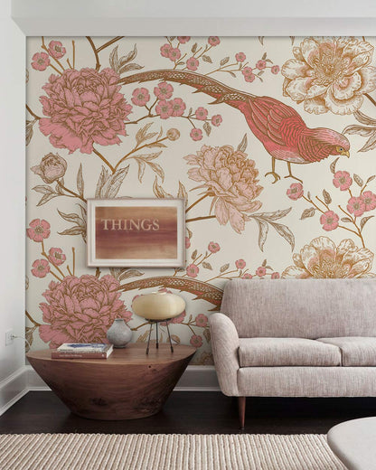 Elegant pink animal wallpaper in the living room