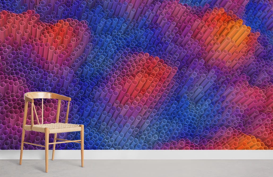 Room with a Mural Wallpaper Featuring a Colorful Pipelines Pattern