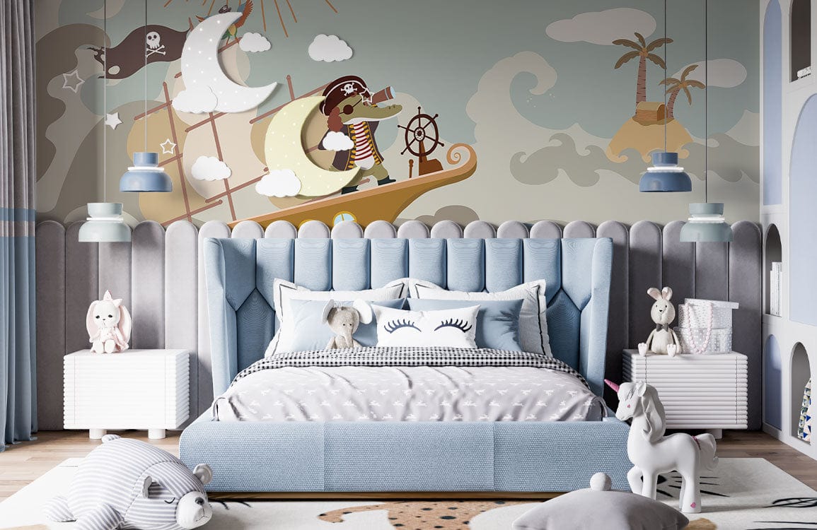 Bedroom Wall Decoration Featuring a Cartoon Mural of a Pirate Sailing the Ocean