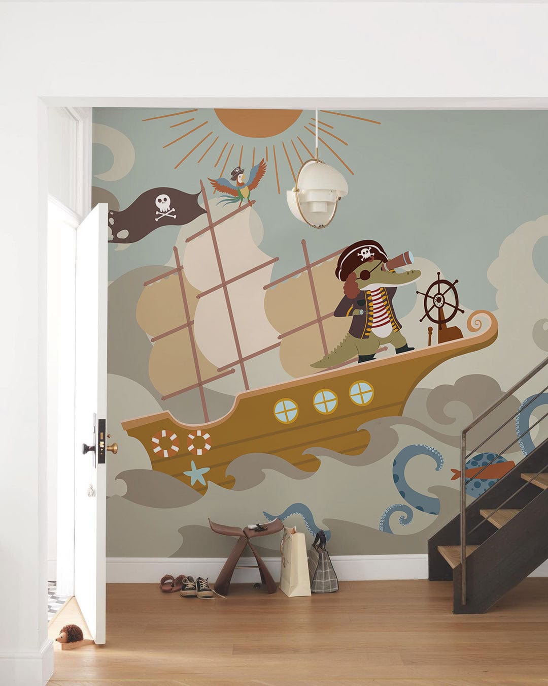 Cartoon Mural Wallpaper with Pirate on Ocean Scene for Hallway Decoration