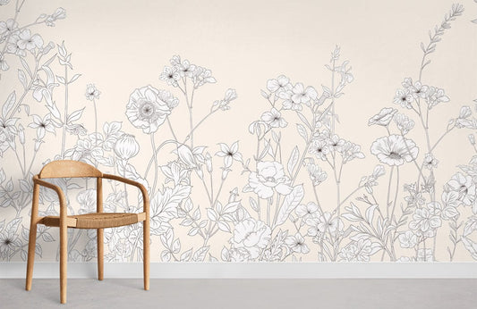 Elegant Beige Botanical Line Art Wallpaper Mural