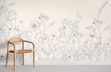 Elegant Beige Botanical Line Art Wallpaper Mural