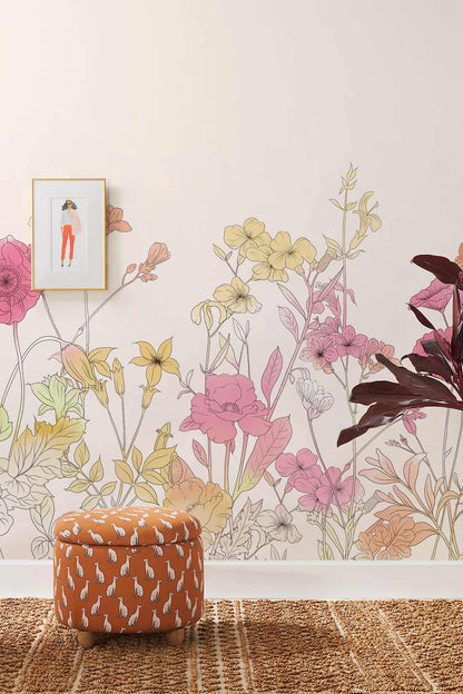 Vintage Botanical Sketch Floral Mural Wallpaper in living room