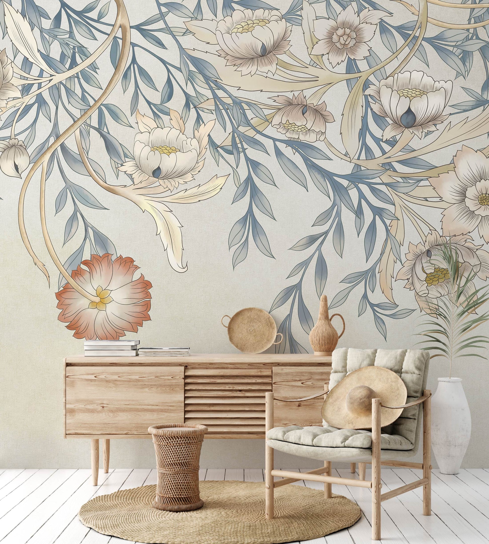 Wallpaper mural with pastel flowers for use as decoration in the hallway