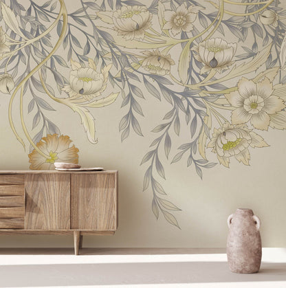 Wallpaper mural with pastel flowers for use as decoration in the hallway