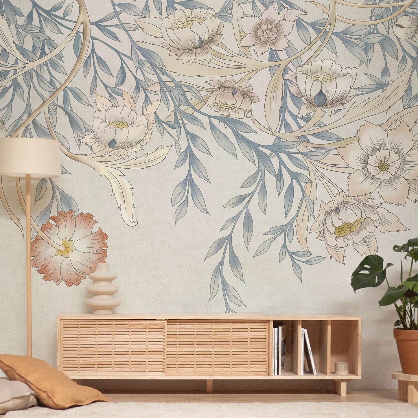 Wallpaper Mural with Soft Flowers Perfect for Decorating a Reading Room