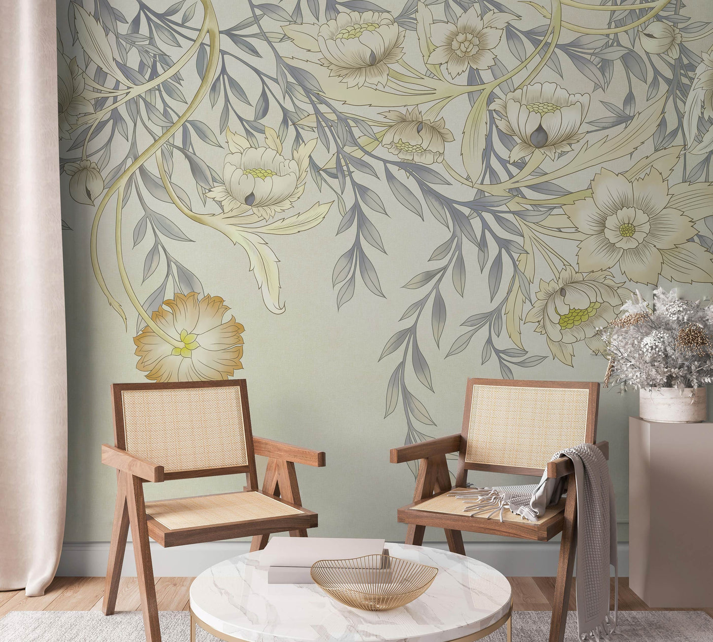 Wallpaper Mural with Soft Flowers Perfect for Decorating a Reading Room