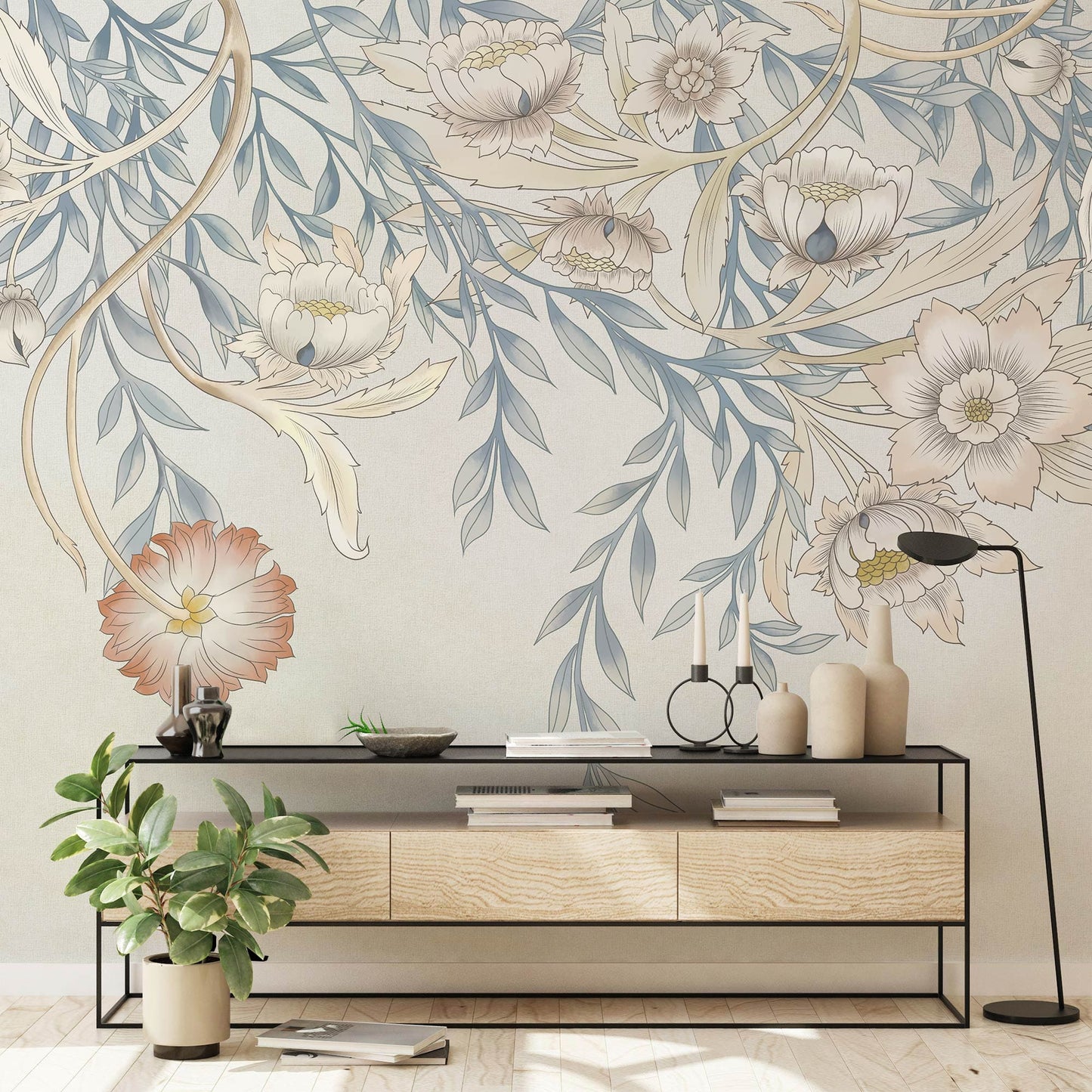 Wallpaper mural with pastel flowers for the hallway's decor.