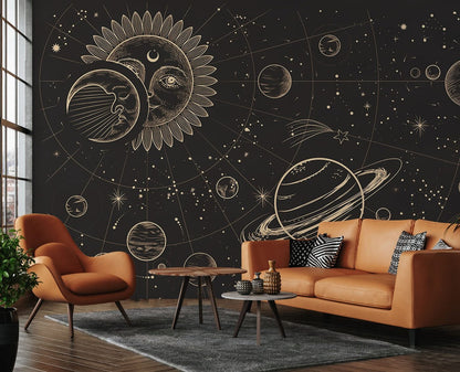 Decorative Wallpaper Mural with an Abstract Planet Pattern for the Living Room