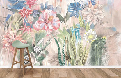 Watercolor Botanical Floral Mural Wallpaper in living room