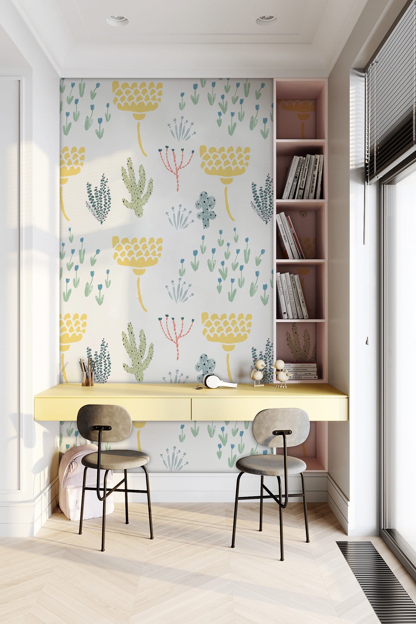 Wallpaper mural with a repeating pattern of pastel plants for the reading room's decor