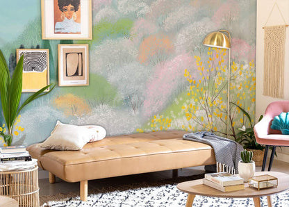 Pastel Watercolor Landscape Mural Wallpaper in living room