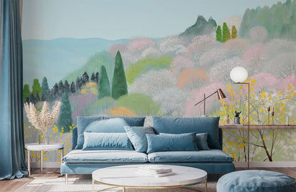 Pastel Watercolor Landscape Mural Wallpaper in living room
