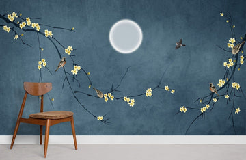 Chinoiserie Bird Floral Blue Mural Wallpaper