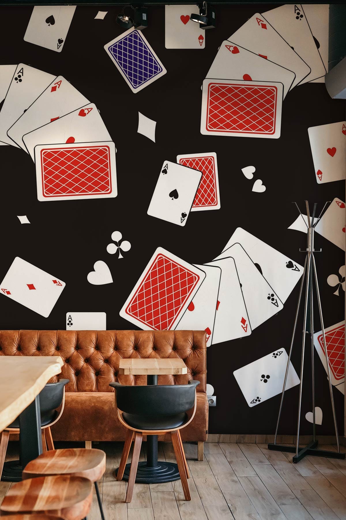 Mural design featuring four different types of poker patterns and the word A in the center