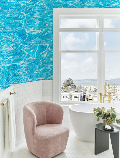 blue pool water wave wall mural bathroom decoration idea