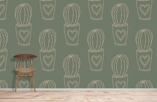 Wallpaper mural with a potted cactus design for use in interior design.