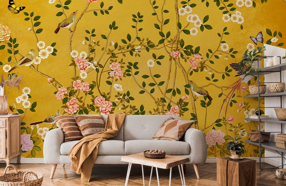 Golden Botanical Bird Garden Mural Wallpaper in living room