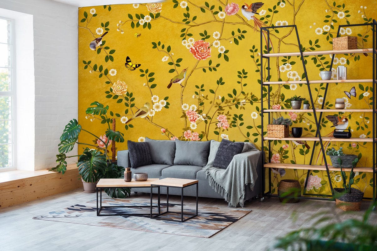 Golden Botanical Bird Garden Mural Wallpaper in living room