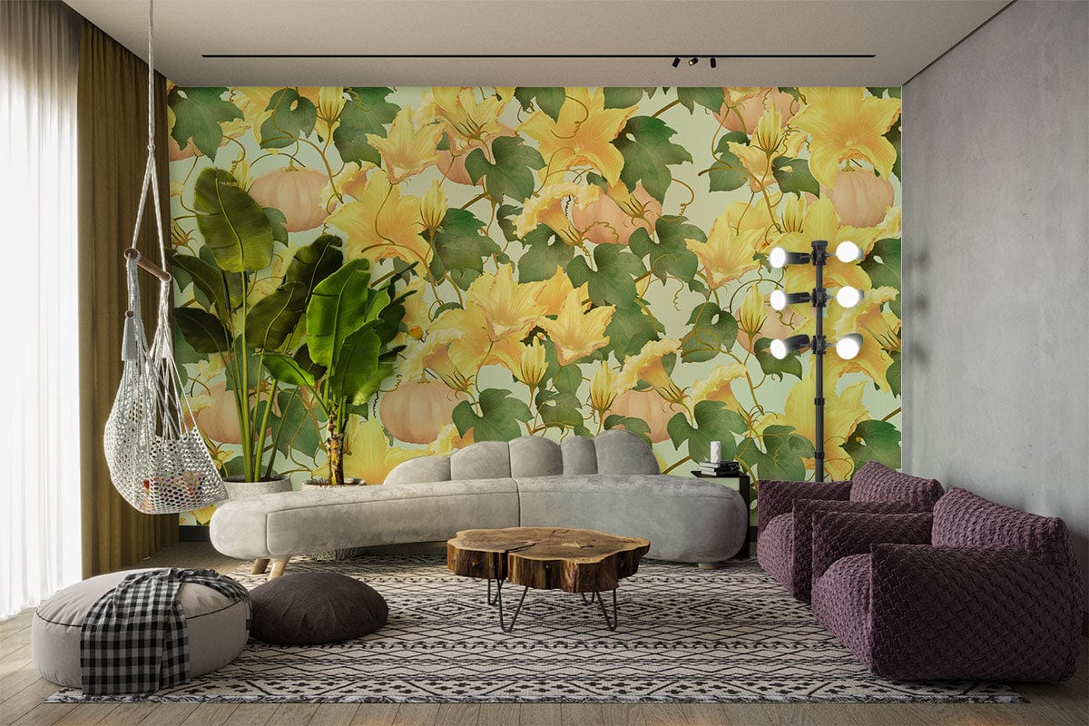Pumpkin and Flowers Yellow Wallpaper For Living Room 