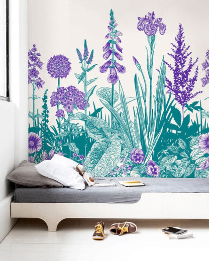 Decorative Wallpaper Mural in Purple and Turquoise with Flowers for the Bedroom