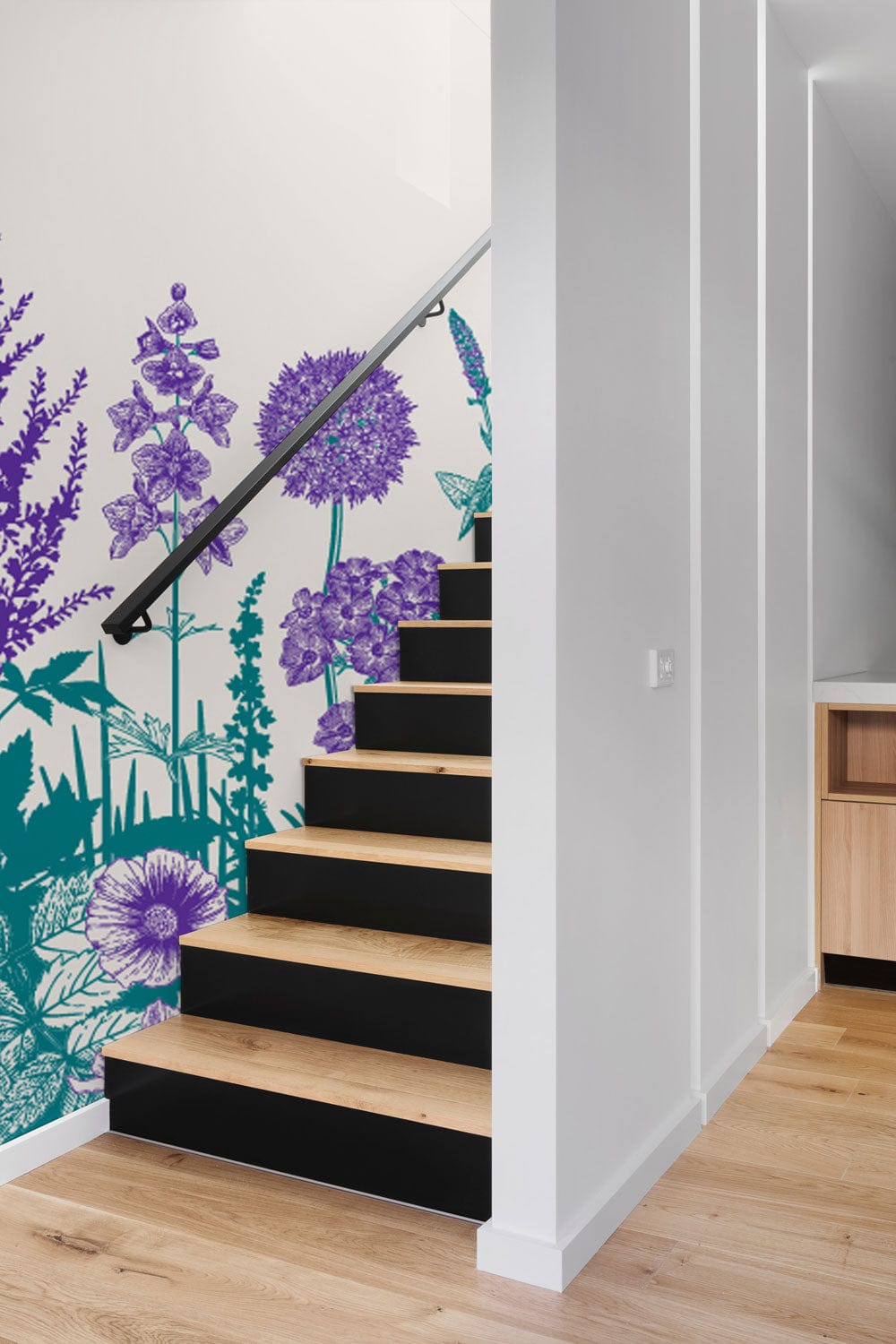 Hallway Decoration Featuring a Wallpaper Mural with Purple and Turquoise Flowers