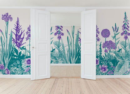 Wallpaper mural for the hallway decorated with violet and turquoise flowers.