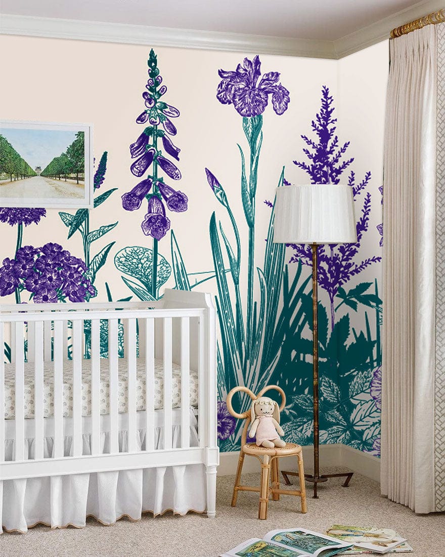 Wallpaper mural for the nursery decorated in lavender and turquoise flowers.