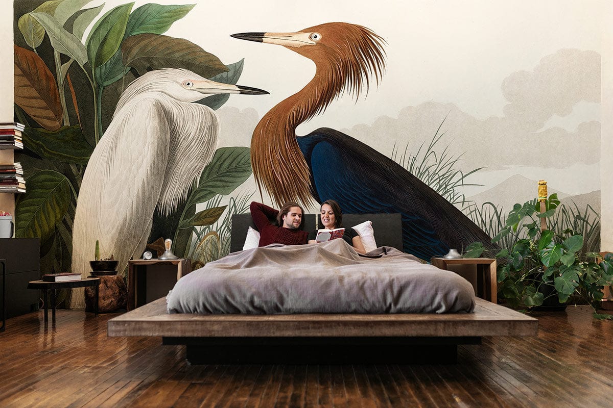 Bedroom Wallpaper Mural Featuring Heron Couples