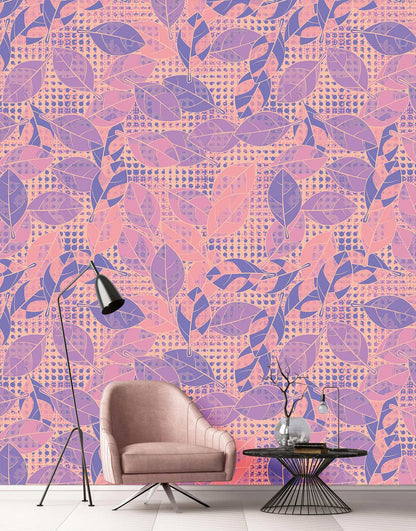 Pink Leaf Geometric Botanical Mural Wallpaper in living room