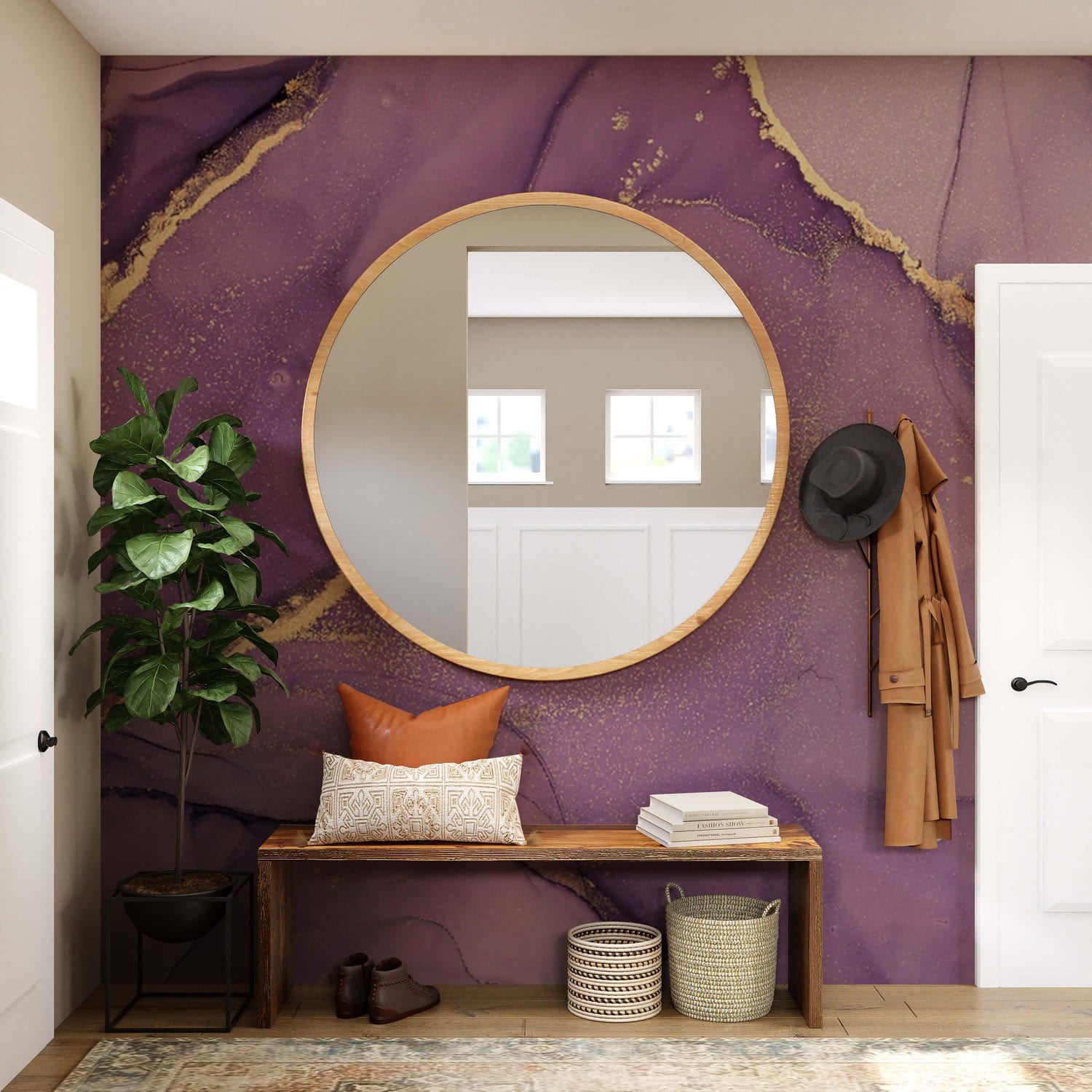 Hallway Decor with Golden Purple Marble Wallpaper Mural